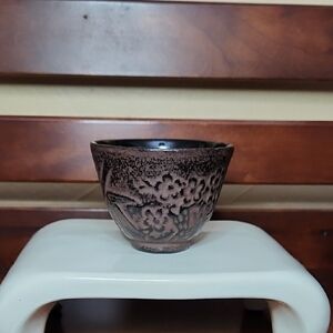 Japanese Cast Iron Ceremonial Tea Cup-Bamboo/Floral Pattern
